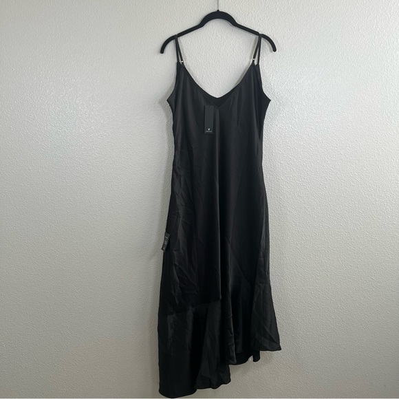 NWT Lulus Strictly Romance Black Satin Asymmetrical Tiered Midi Dress XL - Picture 5 of 7